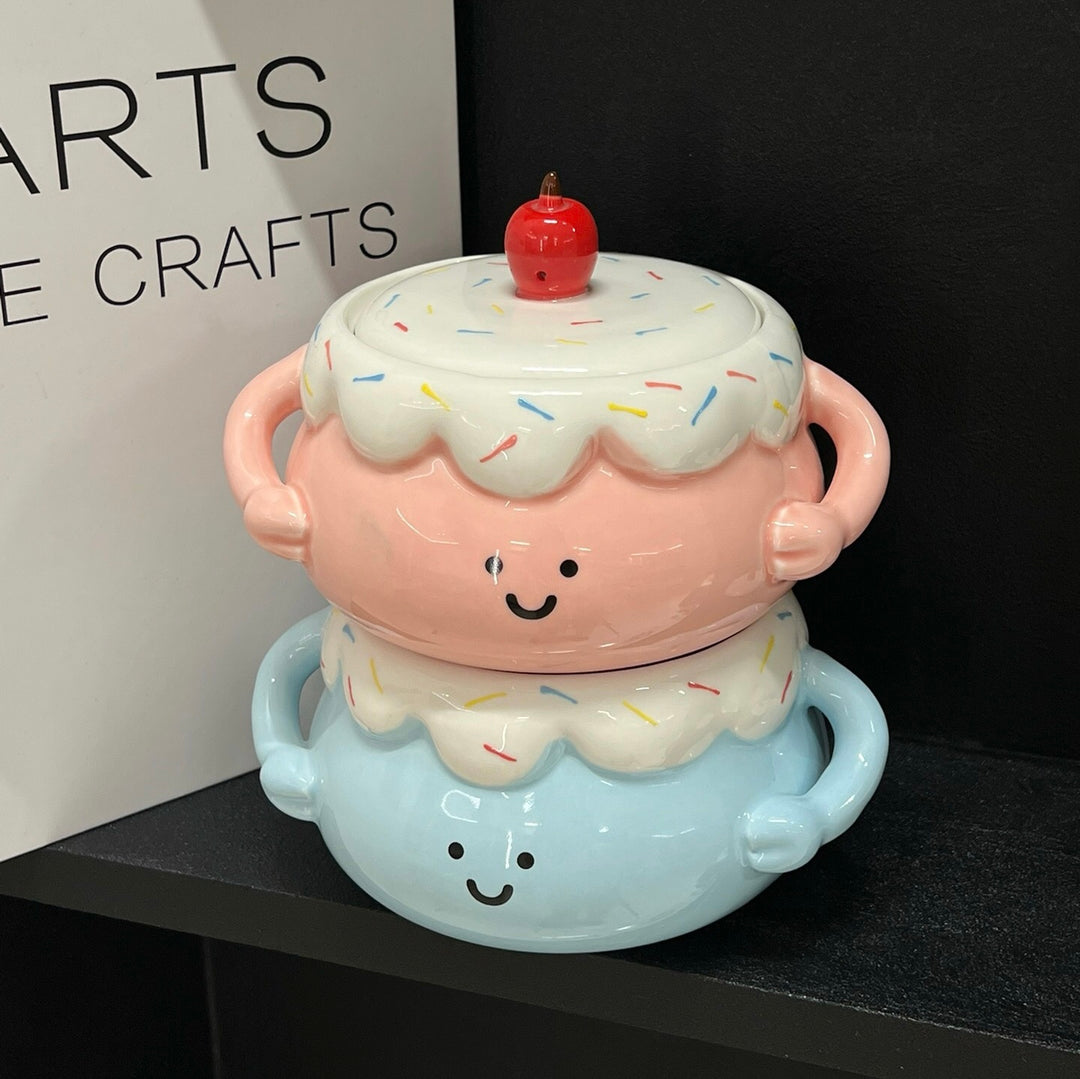 🍰🍒 Chubby Ceramic Stew Pot| Single-Serve Underglaze Lidded Soup Bowl with Double Handles