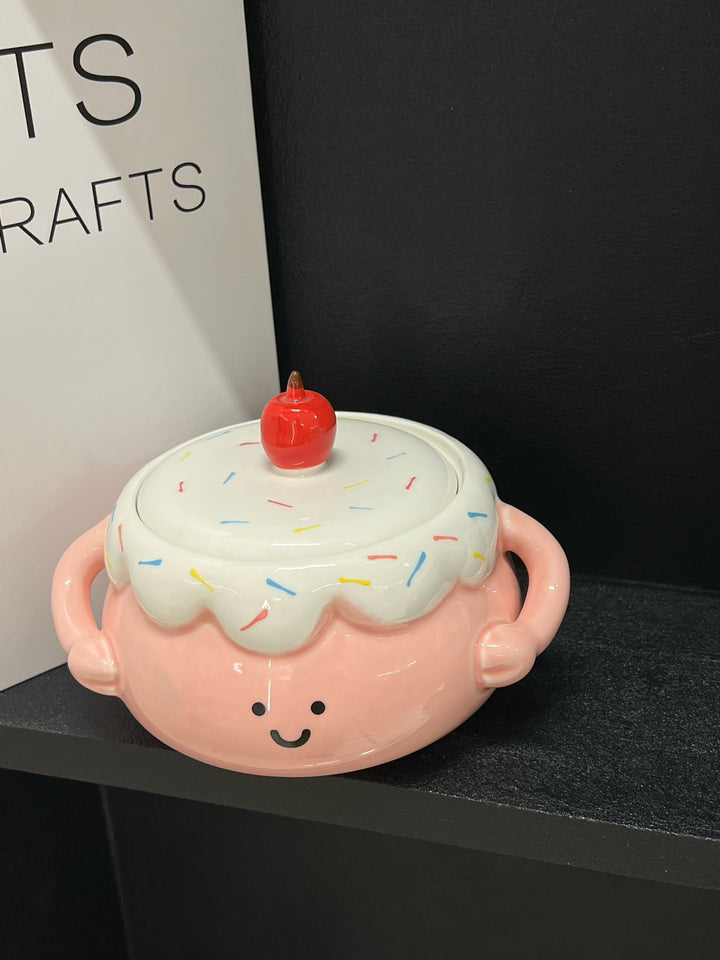 🍰🍒 Chubby Ceramic Stew Pot| Single-Serve Underglaze Lidded Soup Bowl with Double Handles