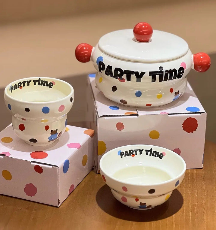 「Party Time」Colorful Bear Ceramic Cream Style Mug & Rice Bowl/ Salad Bowl & Noodle Bowl with Lid