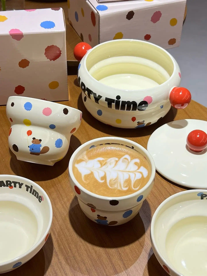 「Party Time」Colorful Bear Ceramic Cream Style Mug & Rice Bowl/ Salad Bowl & Noodle Bowl with Lid