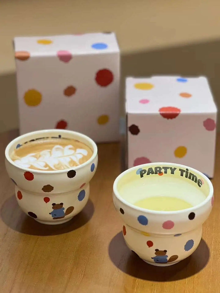「Party Time」Colorful Bear Ceramic Cream Style Mug & Rice Bowl/ Salad Bowl & Noodle Bowl with Lid
