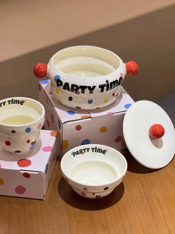 「Party Time」Colorful Bear Ceramic Cream Style Mug & Rice Bowl/ Salad Bowl & Noodle Bowl with Lid