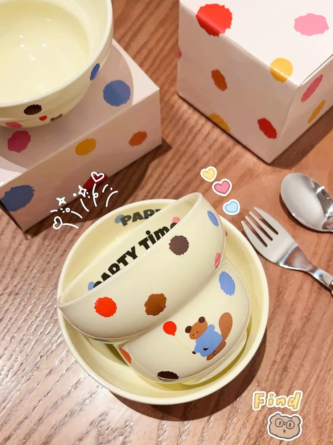 「Party Time」Colorful Bear Ceramic Cream Style Mug & Rice Bowl/ Salad Bowl & Noodle Bowl with Lid