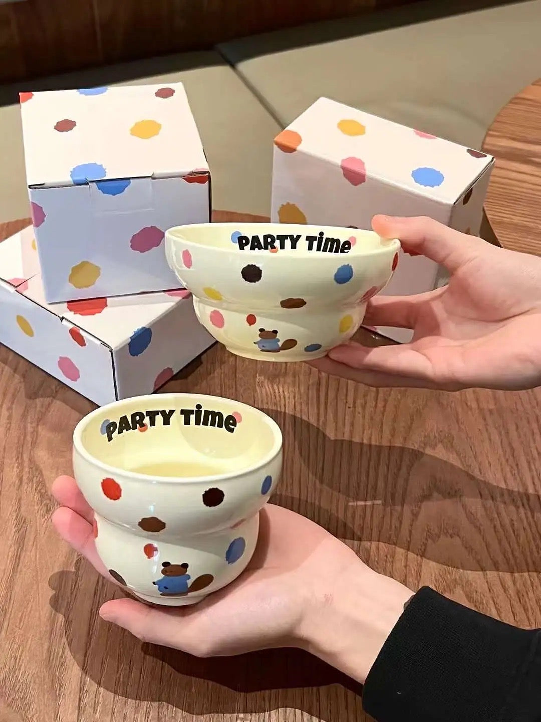 「Party Time」Colorful Bear Ceramic Cream Style Mug & Rice Bowl/ Salad Bowl & Noodle Bowl with Lid