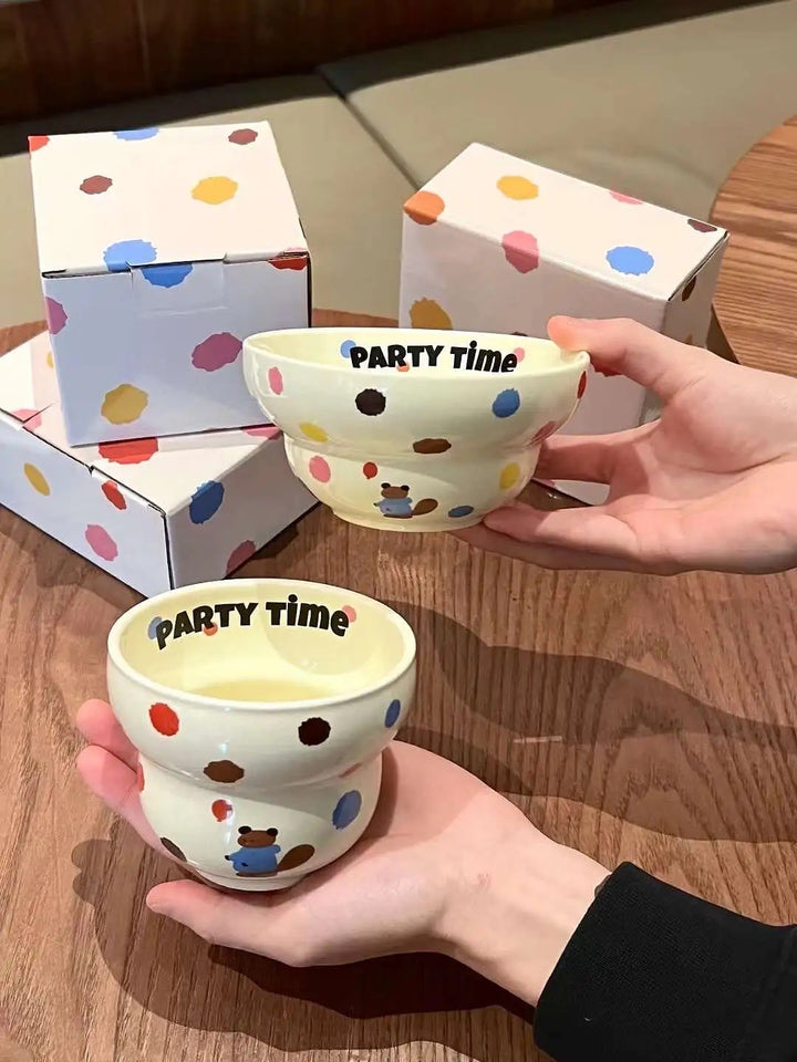「Party Time」Colorful Bear Ceramic Cream Style Mug & Rice Bowl/ Salad Bowl & Noodle Bowl with Lid