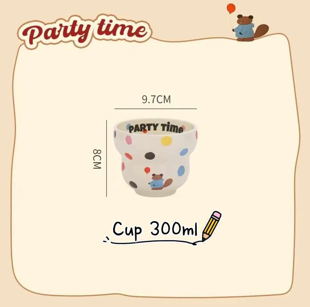 「Party Time」Colorful Bear Ceramic Cream Style Mug & Rice Bowl/ Salad Bowl & Noodle Bowl with Lid