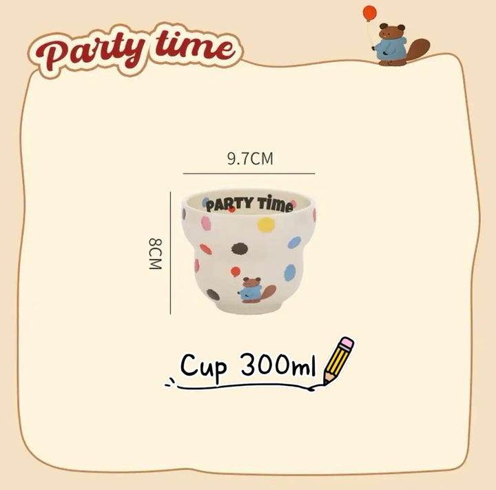 「Party Time」Colorful Bear Ceramic Cream Style Mug & Rice Bowl/ Salad Bowl & Noodle Bowl with Lid