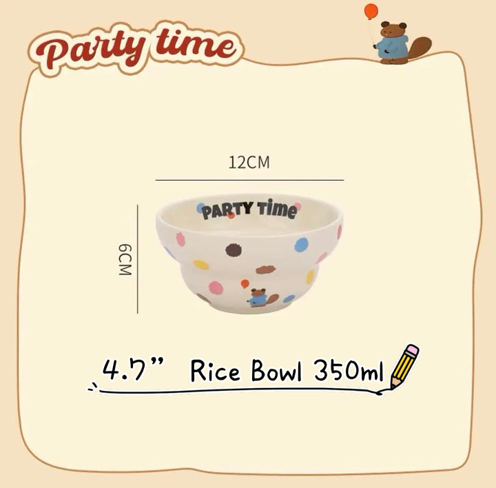 「Party Time」Colorful Bear Ceramic Cream Style Mug & Rice Bowl/ Salad Bowl & Noodle Bowl with Lid