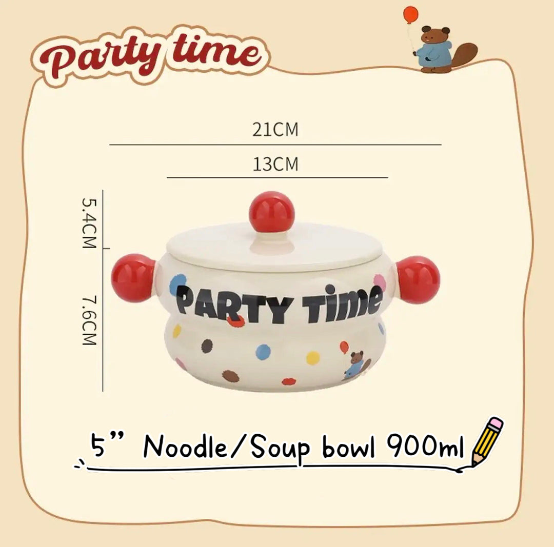 「Party Time」Colorful Bear Ceramic Cream Style Mug & Rice Bowl/ Salad Bowl & Noodle Bowl with Lid