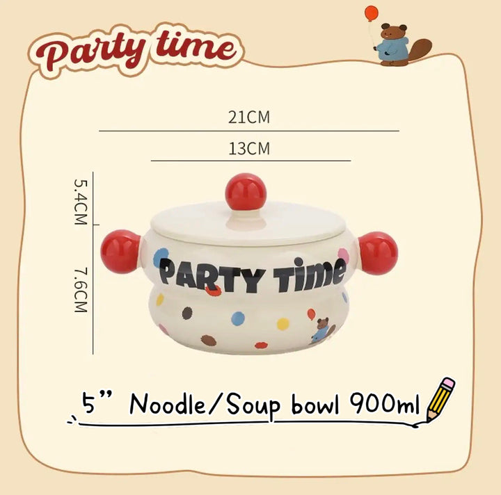 「Party Time」Colorful Bear Ceramic Cream Style Mug & Rice Bowl/ Salad Bowl & Noodle Bowl with Lid