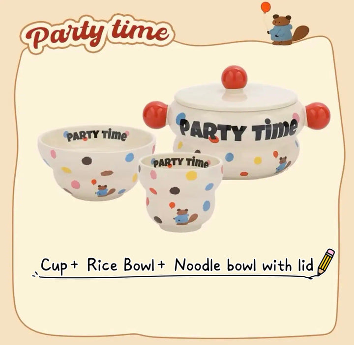 「Party Time」Colorful Bear Ceramic Cream Style Mug & Rice Bowl/ Salad Bowl & Noodle Bowl with Lid