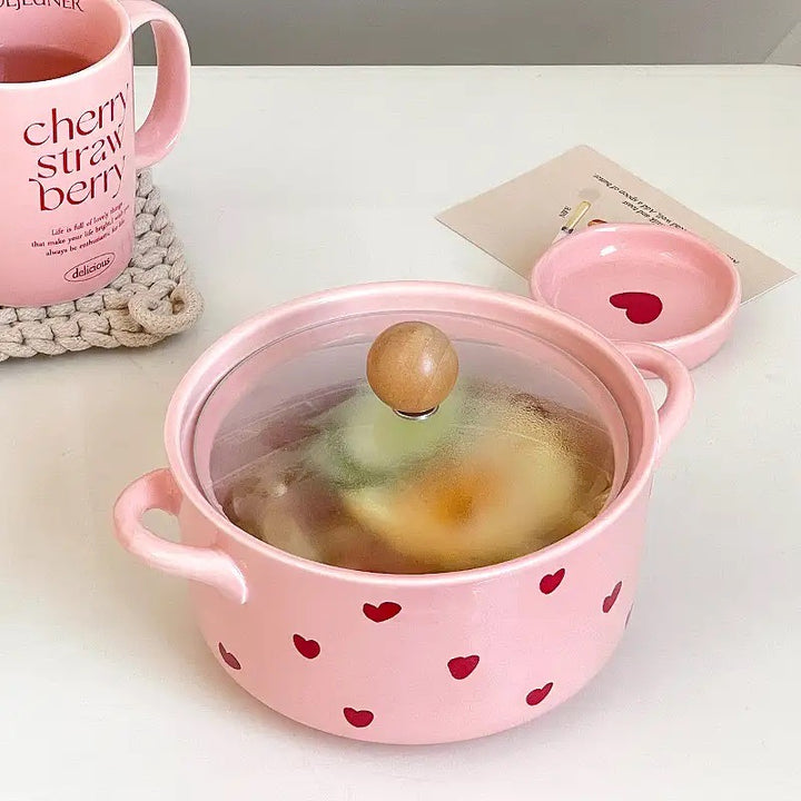 「💕Dreamy Pink Heart Series」Ceramic Soup/Noodle Bowl with Lid🍜 , Instant Noodles Bowl with Handles,