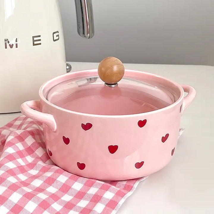 「💕Dreamy Pink Heart Series」Ceramic Soup/Noodle Bowl with Lid🍜 , Instant Noodles Bowl with Handles,