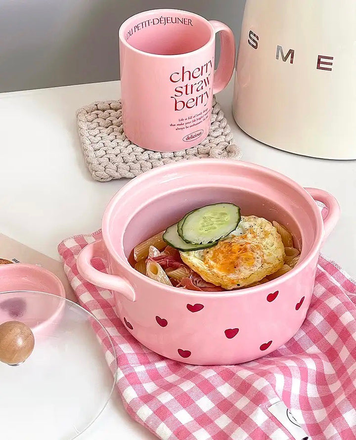 「💕Dreamy Pink Heart Series」Ceramic Soup/Noodle Bowl with Lid🍜 , Instant Noodles Bowl with Handles,