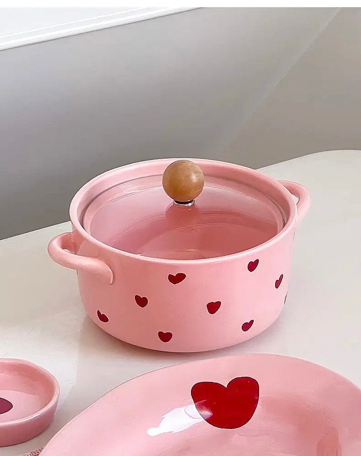 「💕Dreamy Pink Heart Series」Ceramic Soup/Noodle Bowl with Lid🍜 , Instant Noodles Bowl with Handles,