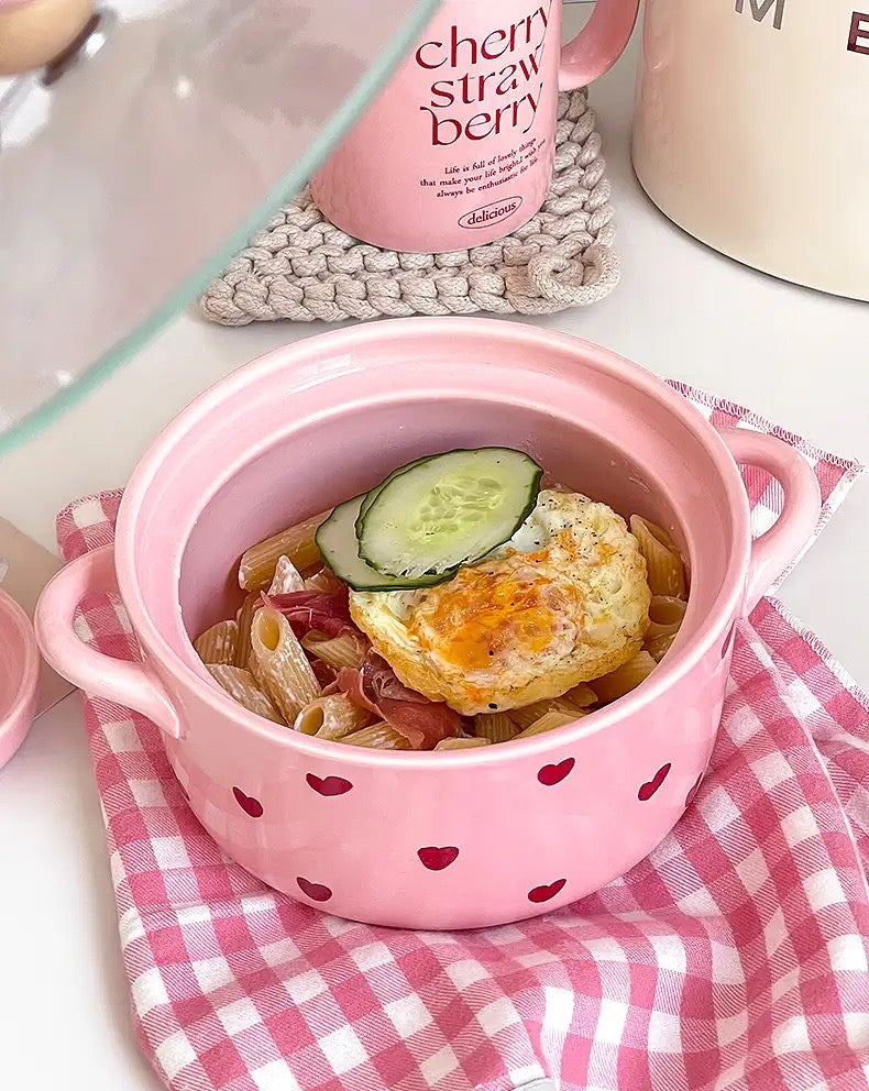 「💕Dreamy Pink Heart Series」Ceramic Soup/Noodle Bowl with Lid🍜 , Instant Noodles Bowl with Handles,