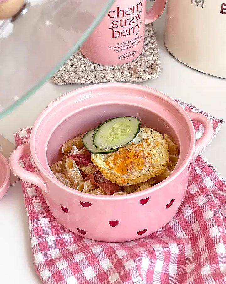 「💕Dreamy Pink Heart Series」Ceramic Soup/Noodle Bowl with Lid🍜 , Instant Noodles Bowl with Handles,