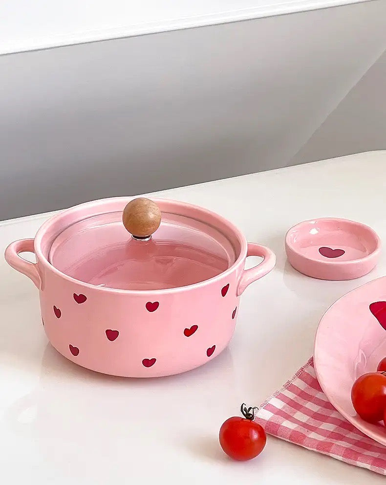 「💕Dreamy Pink Heart Series」Ceramic Soup/Noodle Bowl with Lid🍜 , Instant Noodles Bowl with Handles,