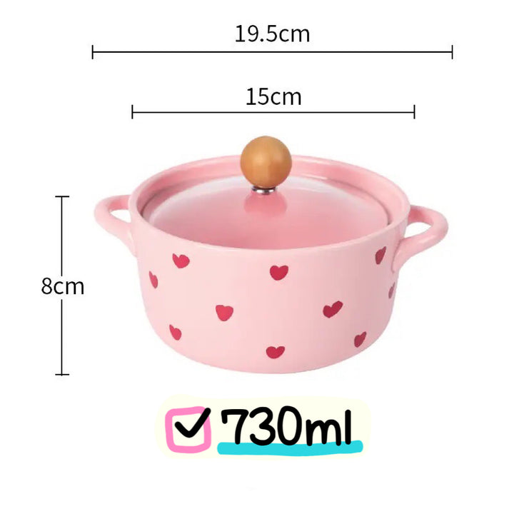 「💕Dreamy Pink Heart Series」Ceramic Soup/Noodle Bowl with Lid🍜 , Instant Noodles Bowl with Handles,