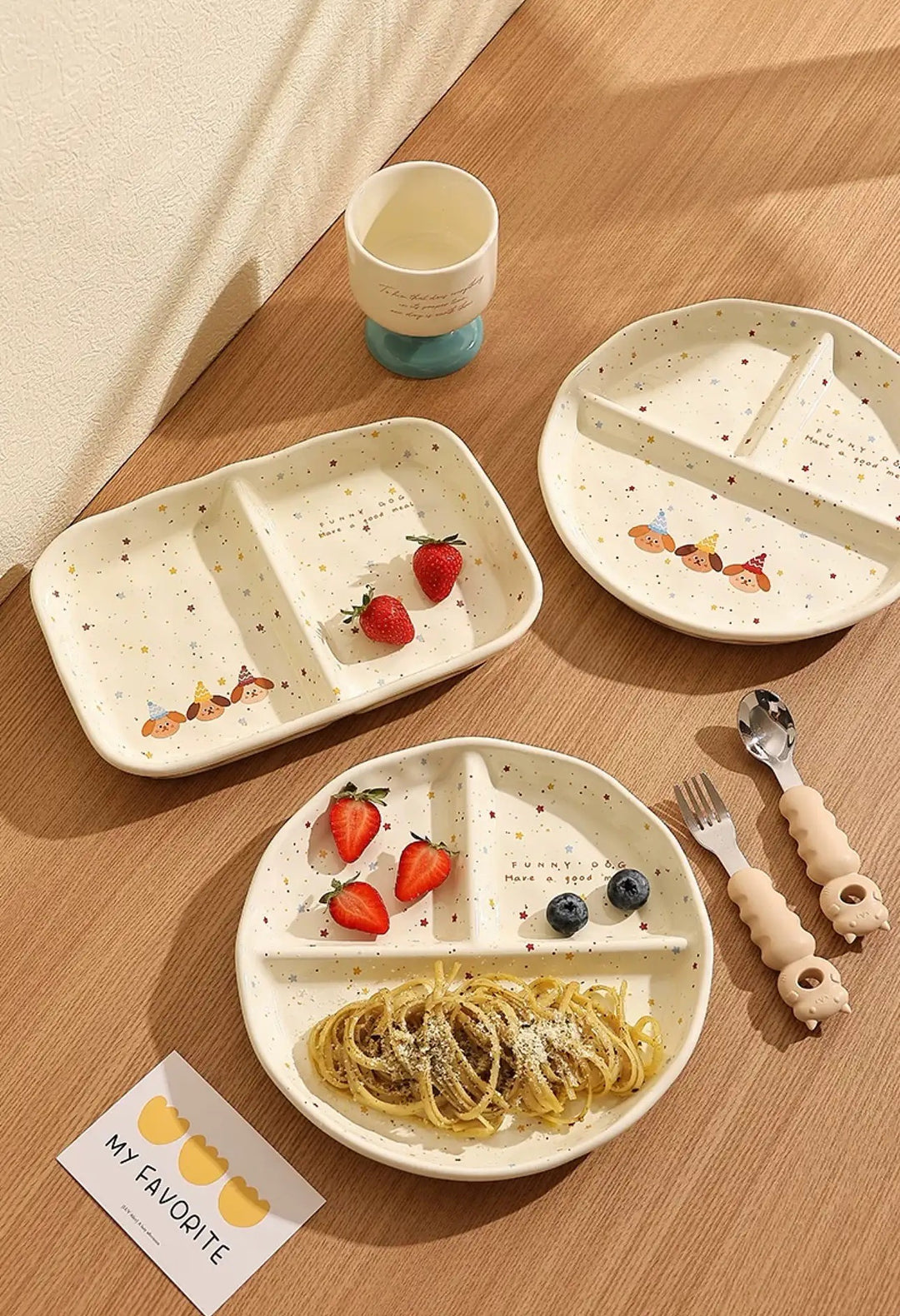 【211 Portion Control ˶⚈₃⚈˵🥗 Slimming Divided Plate】 Set of three adorable illustrated ceramic tableware pieces