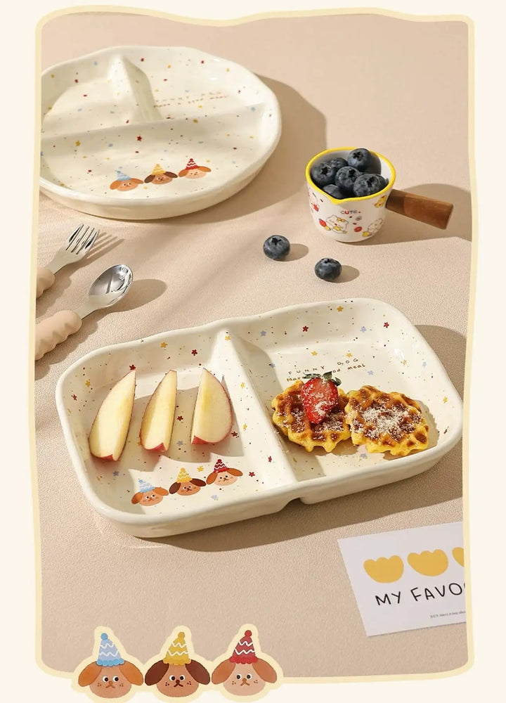 【211 Portion Control ˶⚈₃⚈˵🥗 Slimming Divided Plate】 Set of three adorable illustrated ceramic tableware pieces