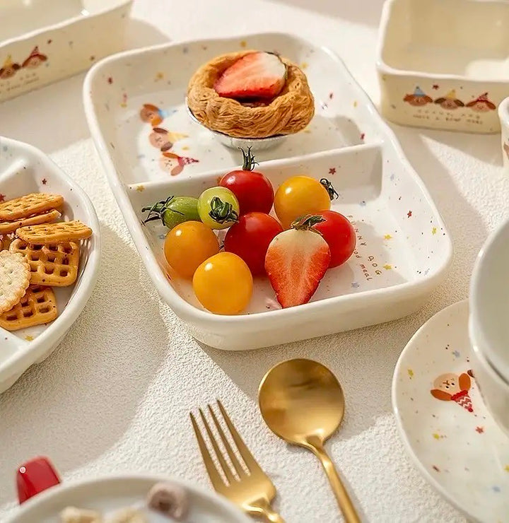 【211 Portion Control ˶⚈₃⚈˵🥗 Slimming Divided Plate】 Set of three adorable illustrated ceramic tableware pieces