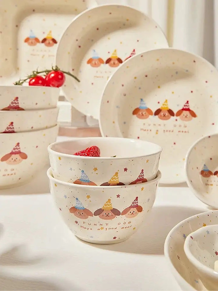 【211 Portion Control ˶⚈₃⚈˵🥗 Slimming Divided Plate】 Set of three adorable illustrated ceramic tableware pieces