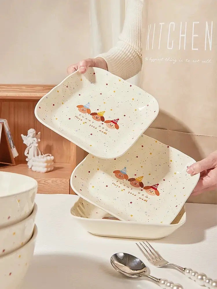 【211 Portion Control ˶⚈₃⚈˵🥗 Slimming Divided Plate】 Set of three adorable illustrated ceramic tableware pieces