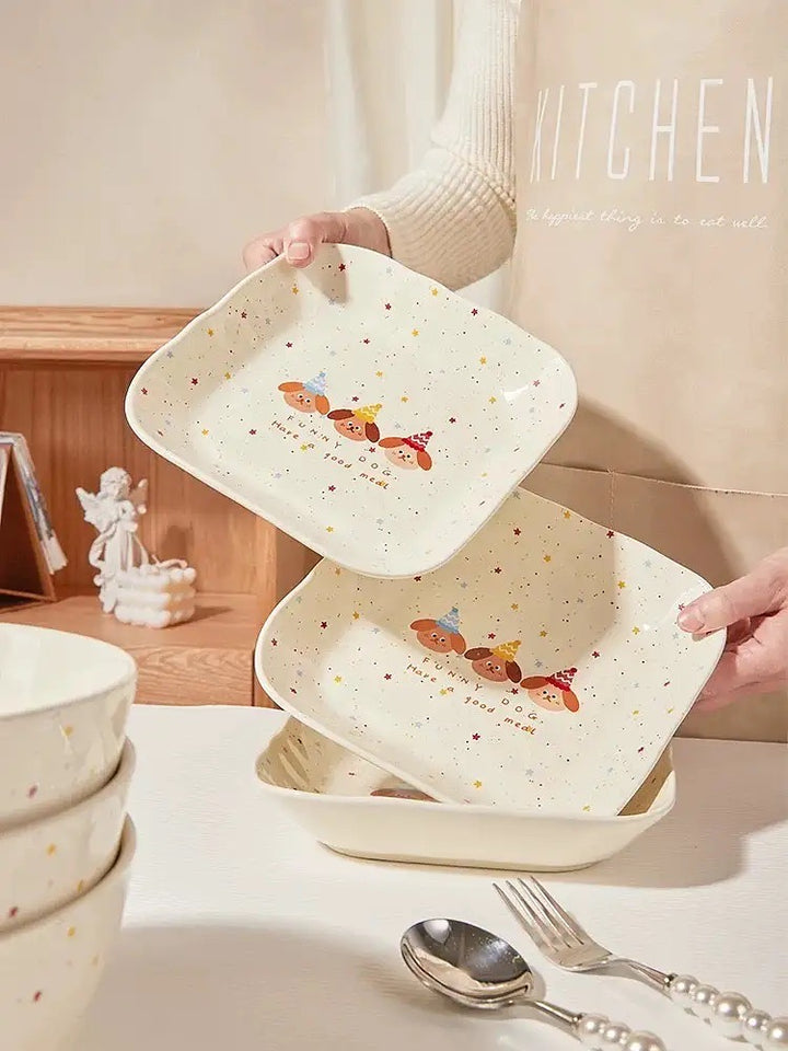 【211 Portion Control ˶⚈₃⚈˵🥗 Slimming Divided Plate】 Set of three adorable illustrated ceramic tableware pieces