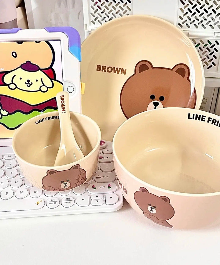 「LINE FRIENDS」Brown Bear 🐻 & Choco Bear 🎀 Ceramic Tableware 4-Piece Set for One, Gift Box with Handle 🎁