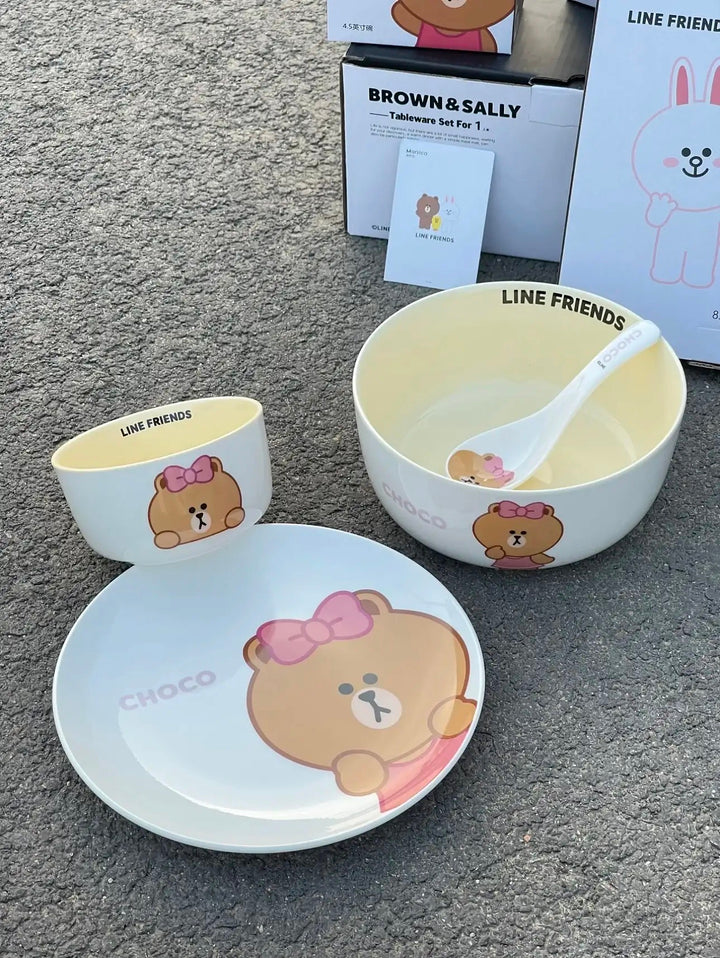 「LINE FRIENDS」Brown Bear 🐻 & Choco Bear 🎀 Ceramic Tableware 4-Piece Set for One, Gift Box with Handle 🎁