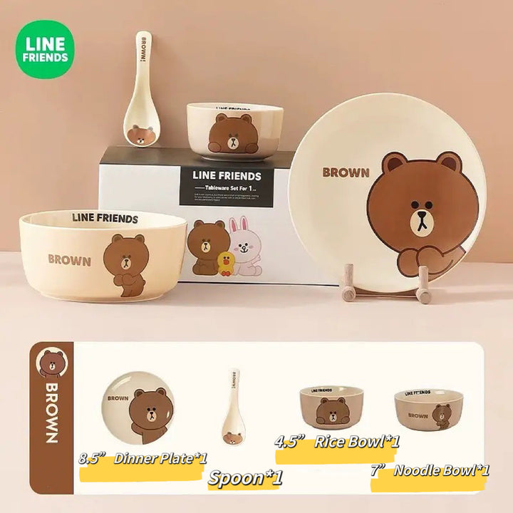 「LINE FRIENDS」Brown Bear 🐻 & Choco Bear 🎀 Ceramic Tableware 4-Piece Set for One, Gift Box with Handle 🎁