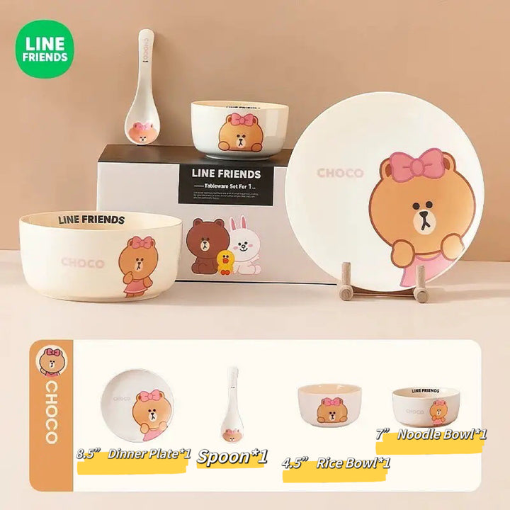 「LINE FRIENDS」Brown Bear 🐻 & Choco Bear 🎀 Ceramic Tableware 4-Piece Set for One, Gift Box with Handle 🎁