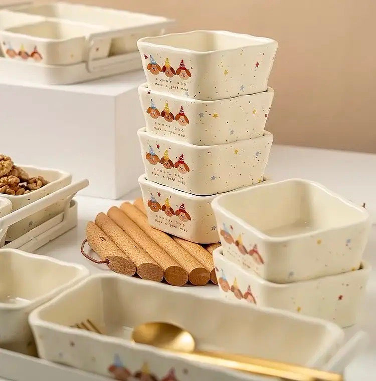 【211 Portion Control ˶⚈₃⚈˵🥗 Slimming Divided Plate】 Set of three adorable illustrated ceramic tableware pieces