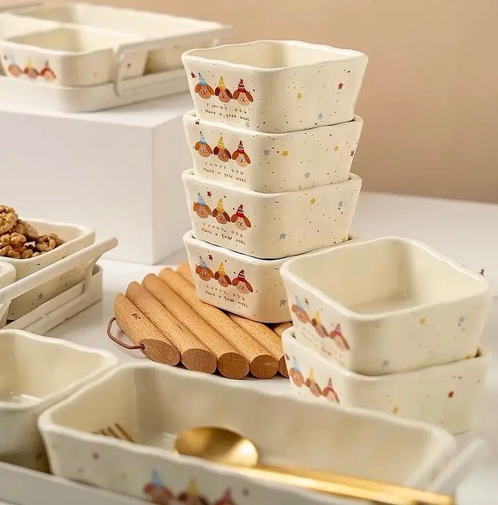 【211 Portion Control ˶⚈₃⚈˵🥗 Slimming Divided Plate】 Set of three adorable illustrated ceramic tableware pieces