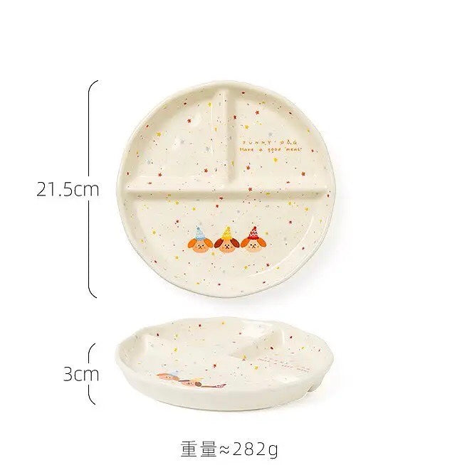 【211 Portion Control ˶⚈₃⚈˵🥗 Slimming Divided Plate】 Set of three adorable illustrated ceramic tableware pieces