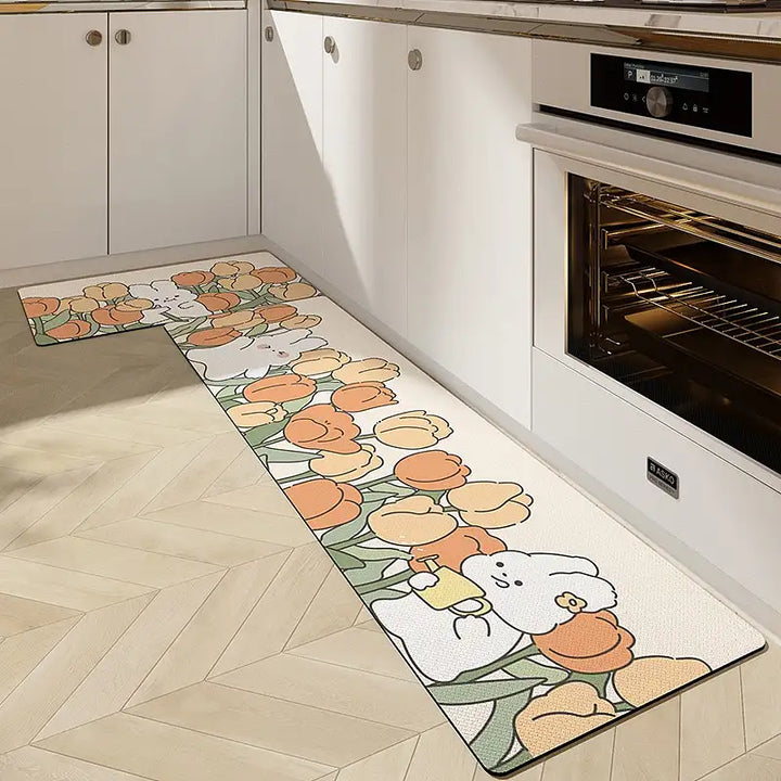 「Cute Cartoon Kitchen Mat」 – Thickened PU Leather Anti-Slip Floor Runner | Waterproof & Easy Clean