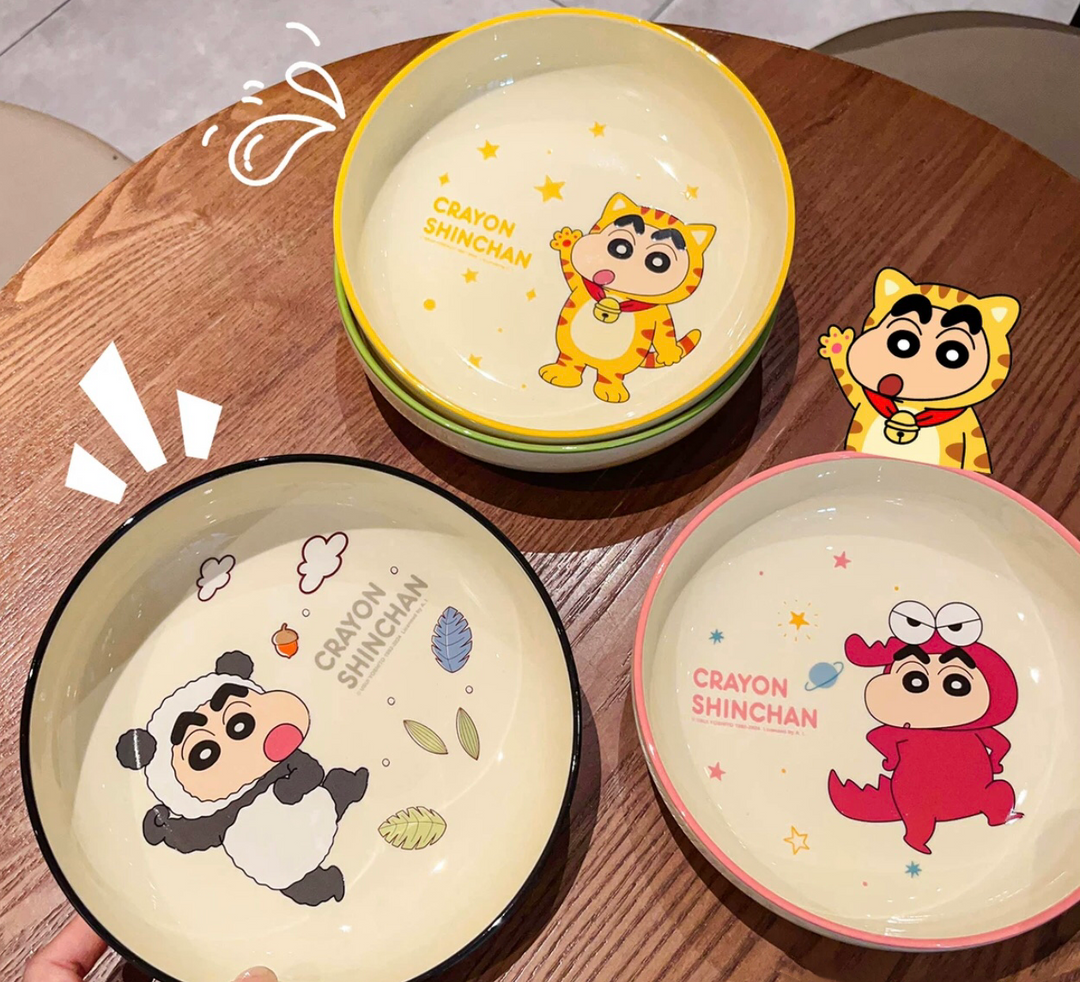 🖍️ Crayon Shin-chan Solo Dining Set — Animal Series 🐸🐼🐯🐊 Ceramic Bowl & Plate Set with Gift Box 🎁