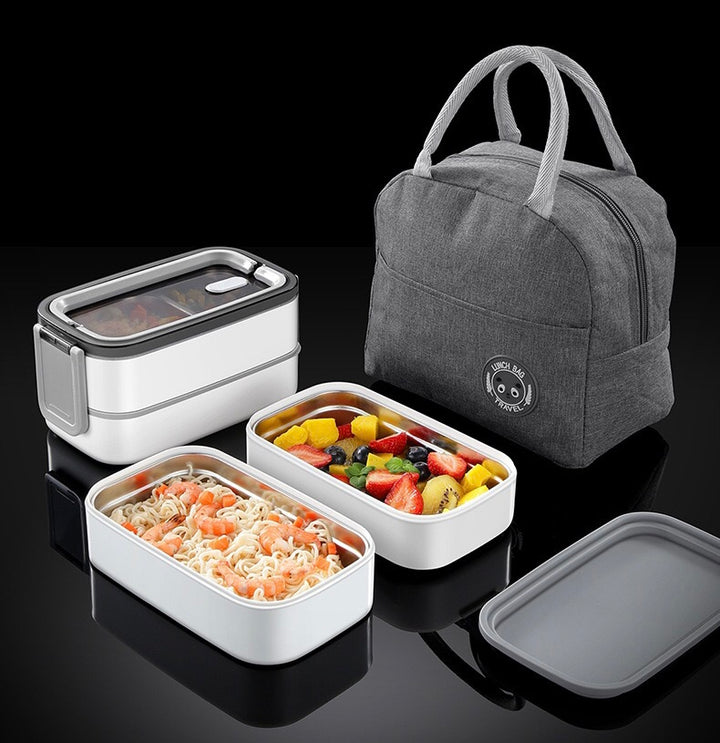 「Lunch Box」2 Tier Bento Box with 3 Compartments & Cutlery, Portable Lunch Box with Lunch Bag & Utensils Spoon, Fork, Chopsticks, Bag