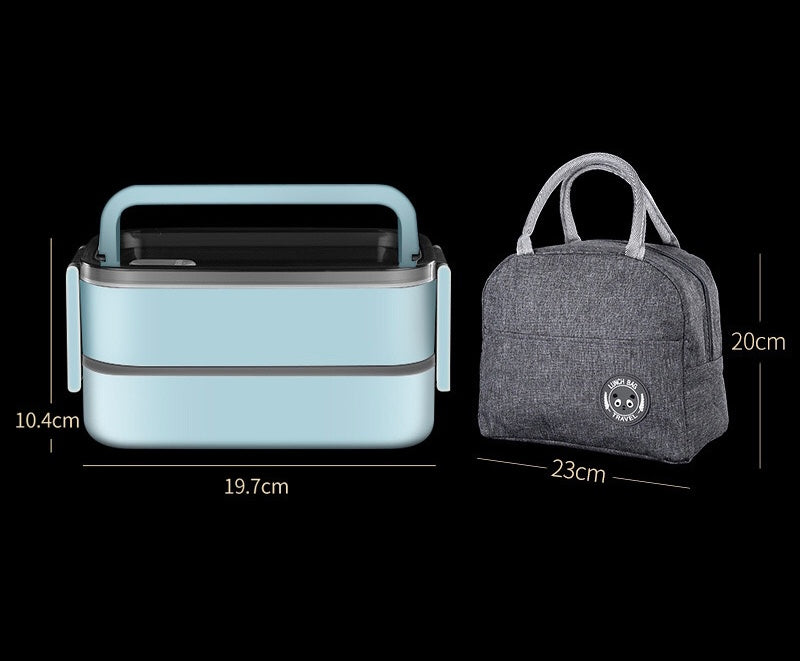 「Lunch Box」2 Tier Bento Box with 3 Compartments & Cutlery, Portable Lunch Box with Lunch Bag & Utensils Spoon, Fork, Chopsticks, Bag