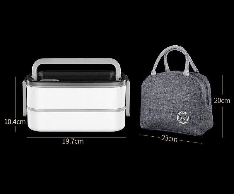 「Lunch Box」2 Tier Bento Box with 3 Compartments & Cutlery, Portable Lunch Box with Lunch Bag & Utensils Spoon, Fork, Chopsticks, Bag