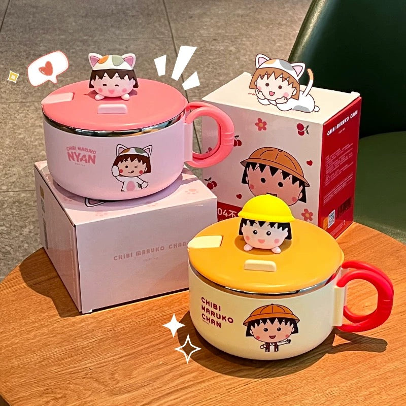 🍒 Chibi Maruko-chan™️ Stainless Steel Noodle Bowl with Lid – Ramen & Soup Bowl