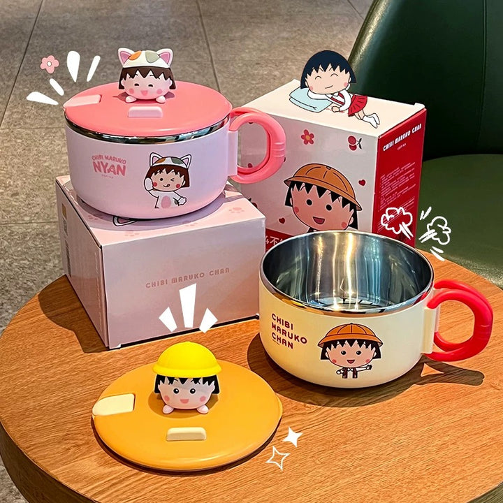 🍒 Chibi Maruko-chan™️ Stainless Steel Noodle Bowl with Lid – Ramen & Soup Bowl