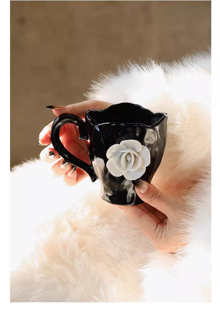 Camellia Blossom Coffee Cup & Saucer Set |Handcrafted Embossed Camellia Mug ☕ | Milk Cup 🥛