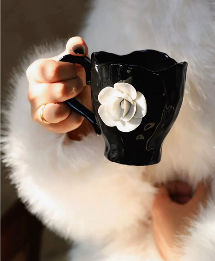 Camellia Blossom Coffee Cup & Saucer Set |Handcrafted Embossed Camellia Mug ☕ | Milk Cup 🥛