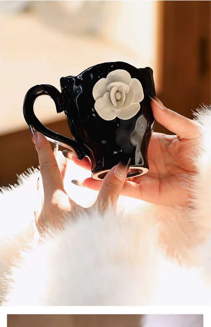 Camellia Blossom Coffee Cup & Saucer Set |Handcrafted Embossed Camellia Mug ☕ | Milk Cup 🥛