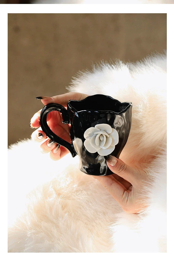 Camellia Blossom Coffee Cup & Saucer Set |Handcrafted Embossed Camellia Mug ☕ | Milk Cup 🥛