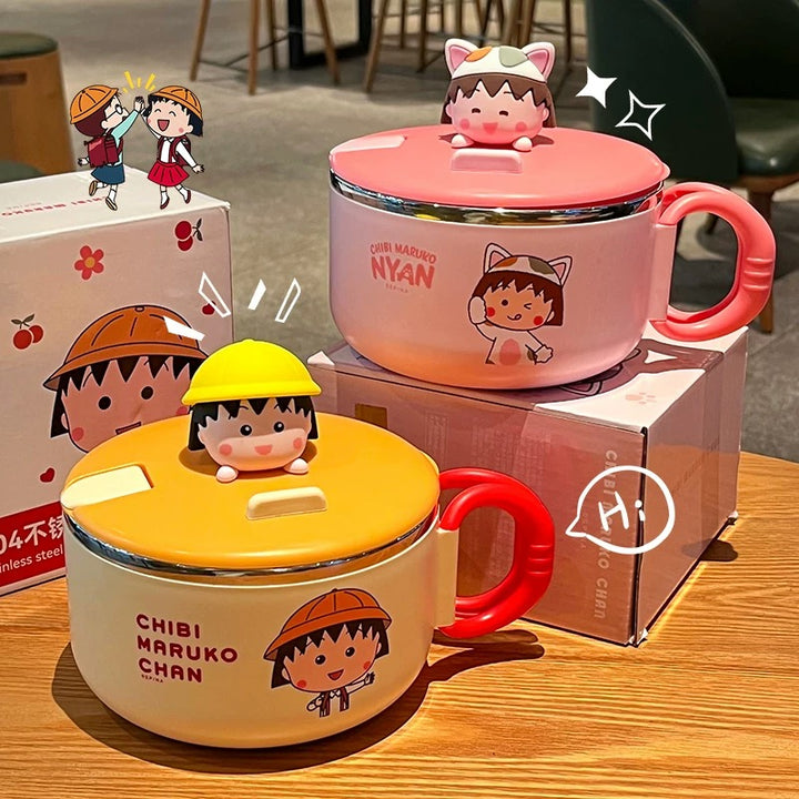 🍒 Chibi Maruko-chan™️ Stainless Steel Noodle Bowl with Lid – Ramen & Soup Bowl