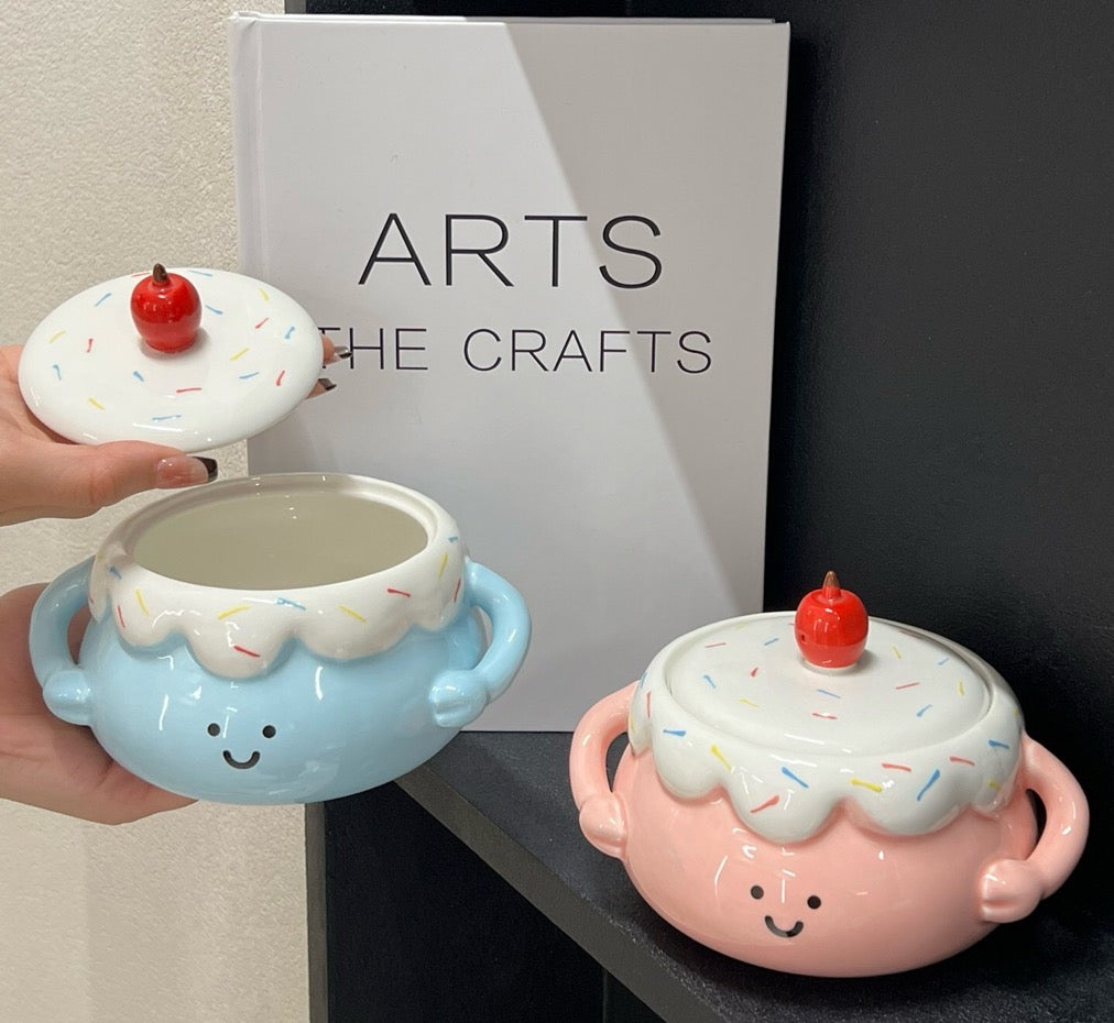 🍰🍒 Chubby Ceramic Stew Pot| Single-Serve Underglaze Lidded Soup Bowl with Double Handles