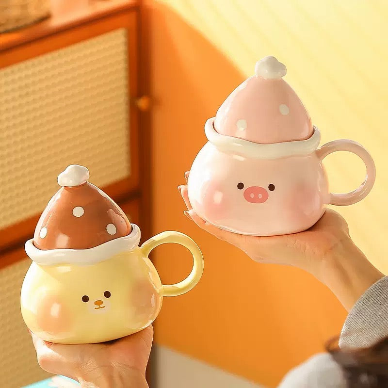 Ceramic Mug with Lid – Cute Pig & Bear Design, Heat Resistant, Microwave & Dishwasher Safe